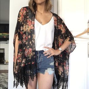 Floral black and coral Kimono with lace detailing